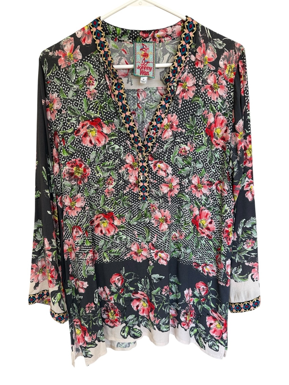 Johnny Was Black Floral Embroidered V-Neck Tunic Medium